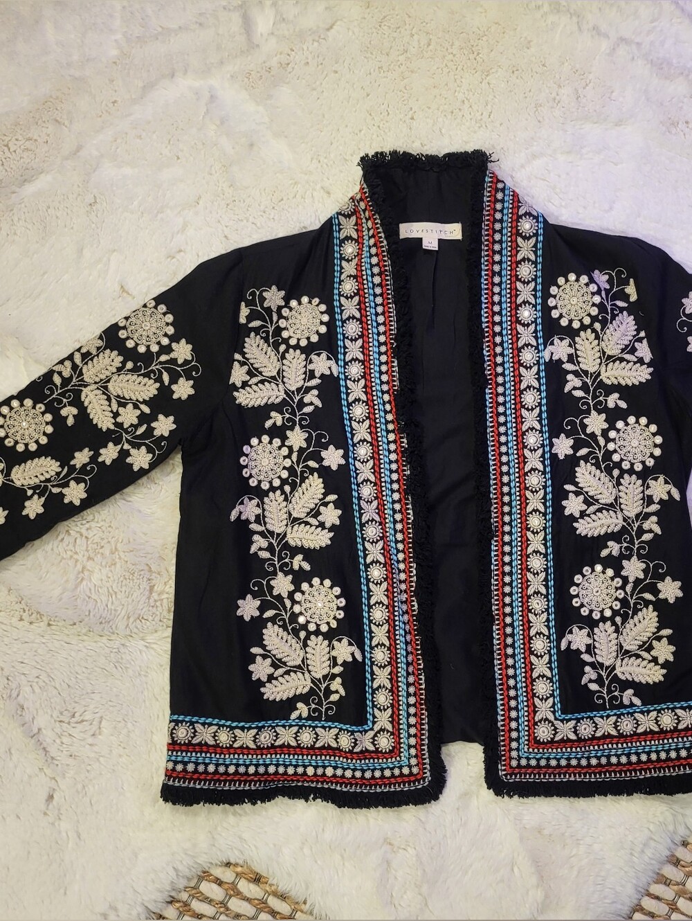 Lovestitch Boho Embroidered Open Front Black Jacket